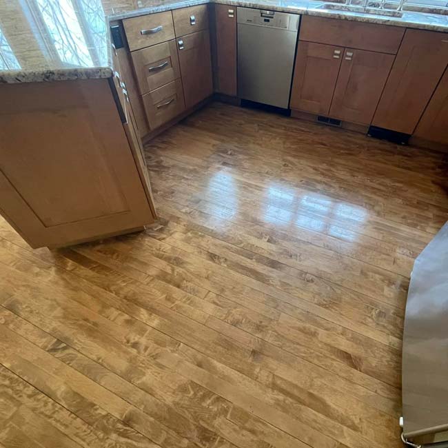 Kitchen with wooden cabinets, stainless steel dishwasher, and expert hardwood floor staining.