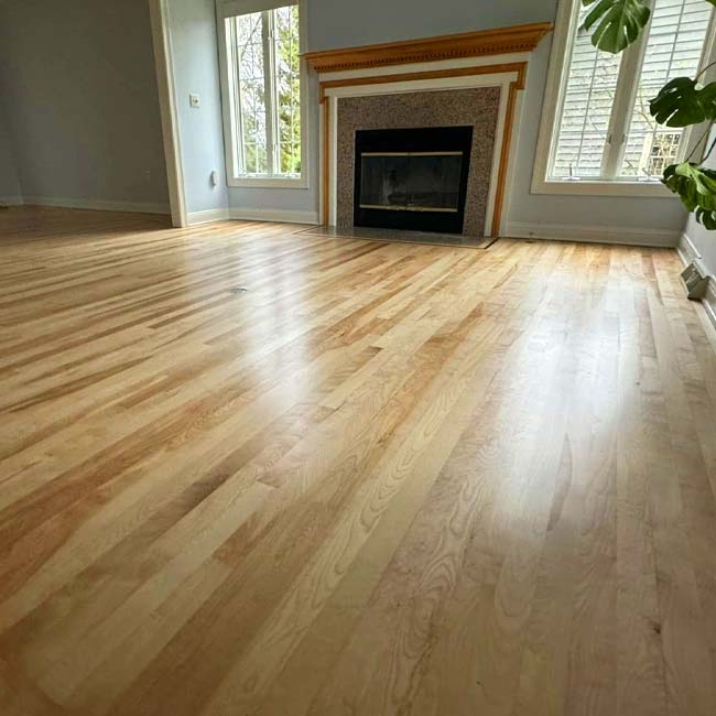 Empty room with light wood floors by All American Flooring, fireplace, tall windows, green plant.
